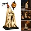 Textured Resin Halloween Statue Vintage Ghost Figurine with Glowing Pumpkin Scepter, Ornament Striped Hat LED Light, Lighted Decoration for