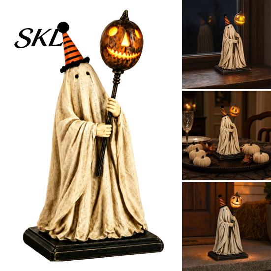 Textured Resin Halloween Statue Vintage Ghost Figurine with Glowing Pumpkin Scepter, Ornament Striped Hat LED Light, Lighted Decoration for