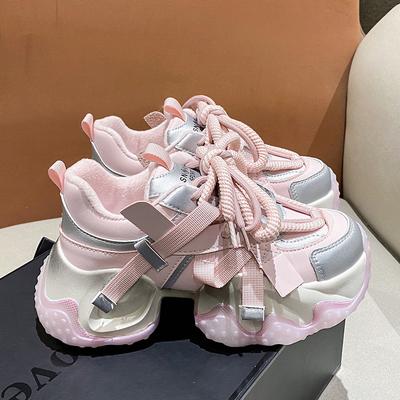 Мода 6 см Кожаные Клинья на Высокой Платформе Повседневные Кроссовки Новинка 2024 Осень Женские Повседневные Спортивные Папины Кроссовки Шнуровка Массивные Кроссовки