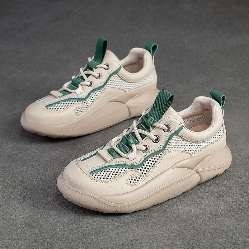 Fashion GKTINOO Mixed Colors Casual Sneakers Women Thick Bottom Genuine Leather Mesh Breathable Lace-Up Summer Chunky Platform Shoes