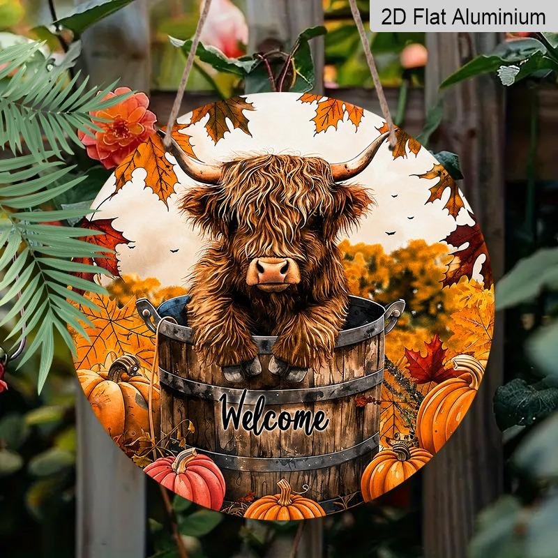 2D Flat Aluminum Welcome Sign and Ornaments, Featuring A Barrel, Highland Cow, Pumpkin, and Autumn Leaf Pattern for Wall Decoration. Suitable for