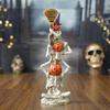 Halloween Stacked Skeleton Pumpkin Decor Resin Skeleton Statue with Pumpkin Head Witch Hat Broom for Home Office Holiday Table Decor