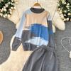 Spring Autumn Oil Painting Print Knitted Sweater Trouser Two Piece Set Women Pullover Tops and Wide Leg Pants Tracksuit