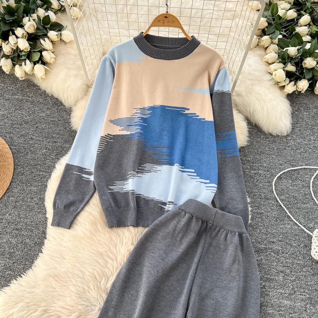 Spring Autumn Oil Painting Print Knitted Sweater Trouser Two Piece Set Women Pullover Tops and Wide Leg Pants Tracksuit