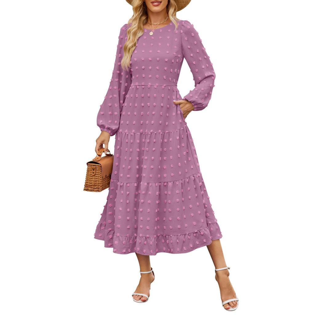Women's Casual Round Neck Polka Dot Tiered Long Sleeve Ruffle Pocket Dresses
