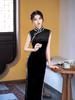 Linxiangman 2025 Black Velvet Sleeveless Qipao - Retro Shanghai Long Dress with Timeless Elegance