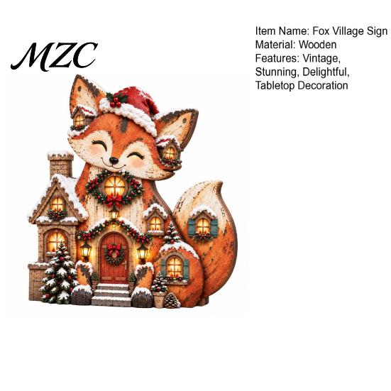 Christmas Tabletop Decor Wooden Fox Village House Table Ornament, Wood Block Holiday Home Decorations Centerpiece for Farmhouse Winter Desktop, Tiered