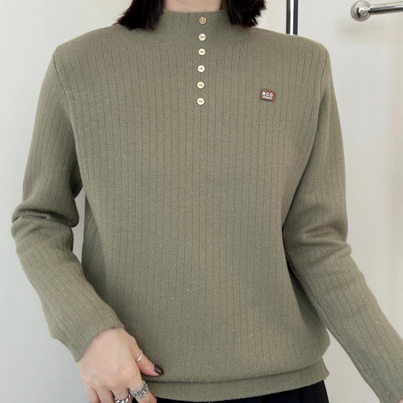 IHUASU Thickened One-piece Velvet Button Jumper Women's Autumn and Winter Half-high Neck Warm Knitted Bottoming Shirt with A Hundred Tops