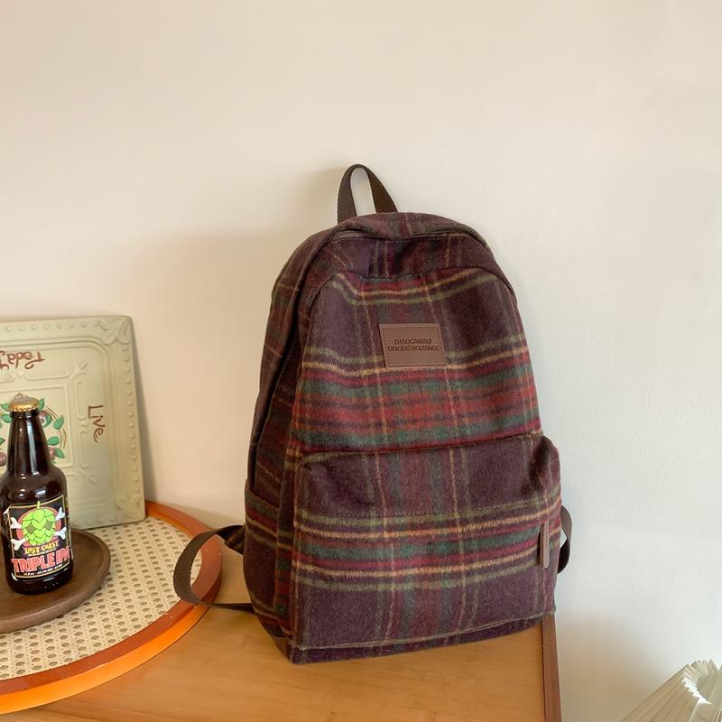 Осенний и зимний шерстяной клетчатый школьный рюкзак для студенток