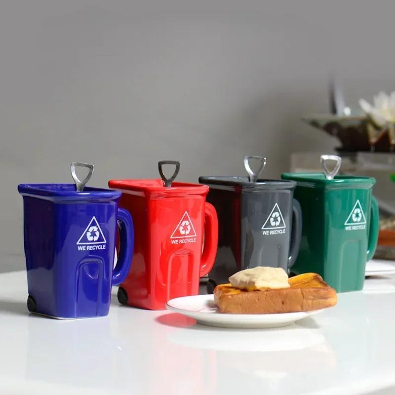 Square Trash Can Ceramic Mug Green Recyclable Bucket Water Cup Fun Creative Exotic Coffee Cup Latte Coffee Cup Cute Coffee Mug