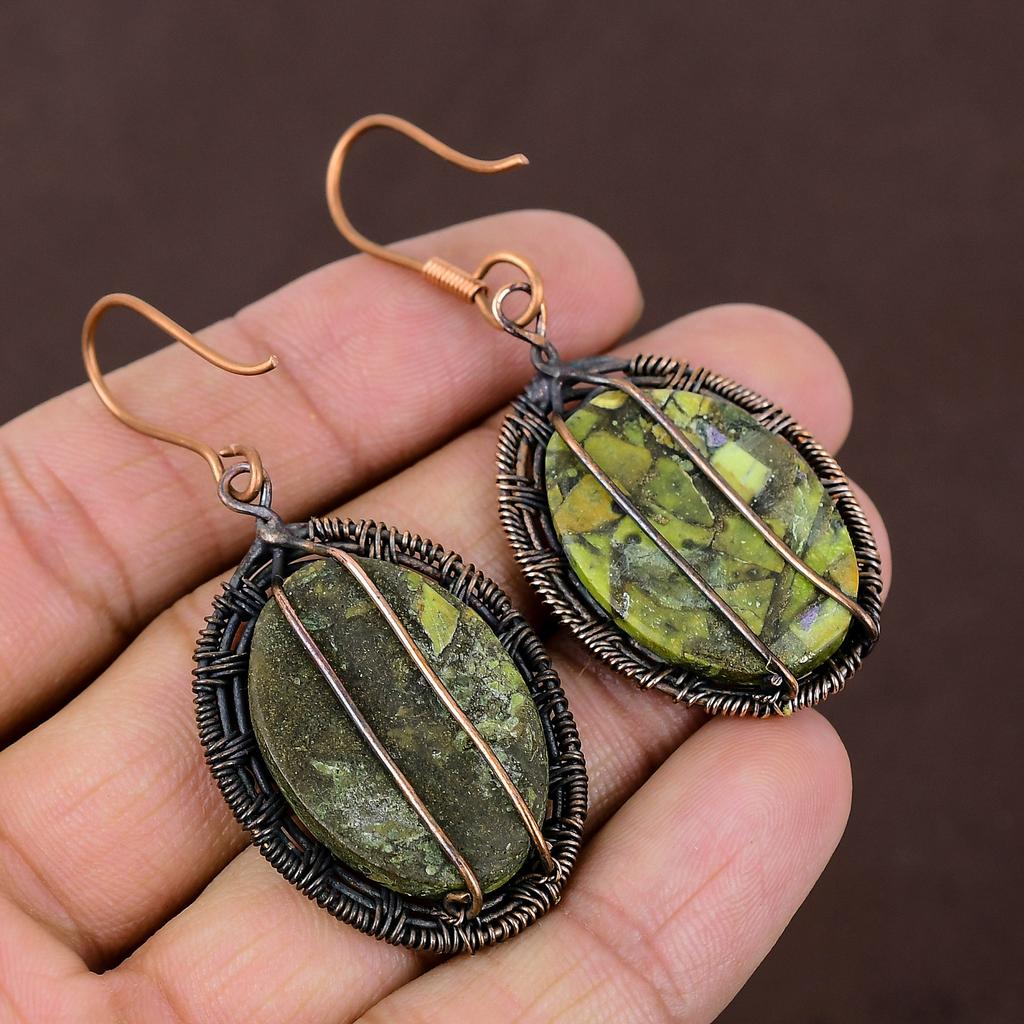 Copper Green Turquoise Handmade Copper Wire Wrap Earring 2.56 w3P53