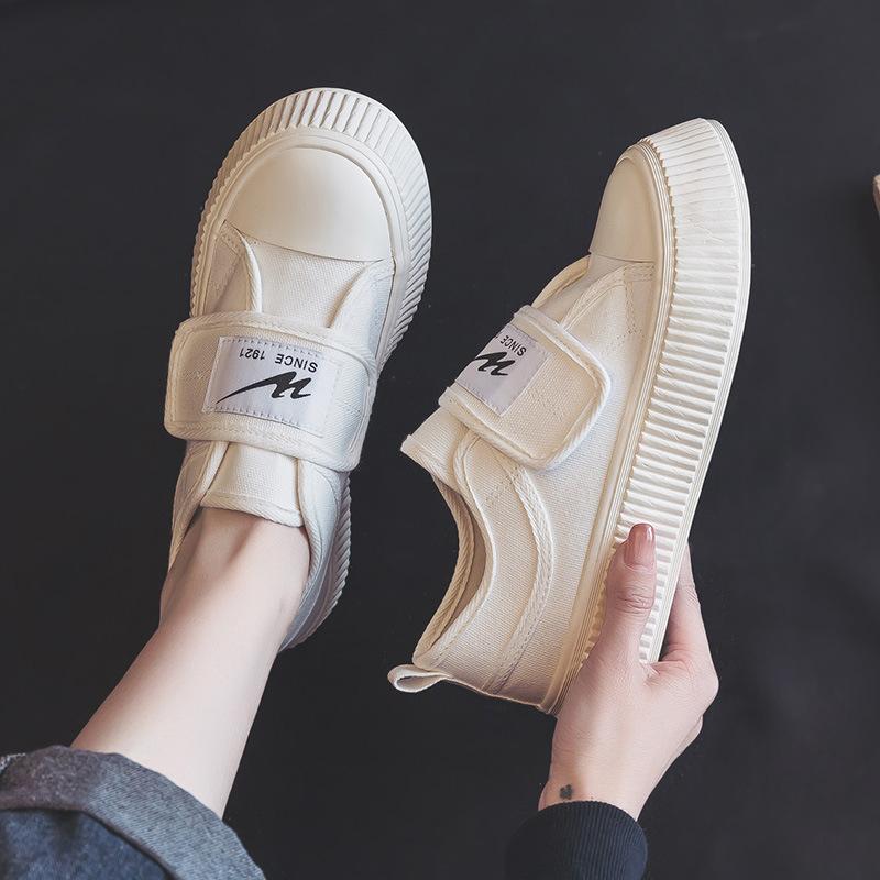 Весенние парусиновые туфли на толстой подошве с застежкой-липучкой, женские студенческие туфли в форме печенья на липучке, классические универсальные белые туфли в стиле ретро
