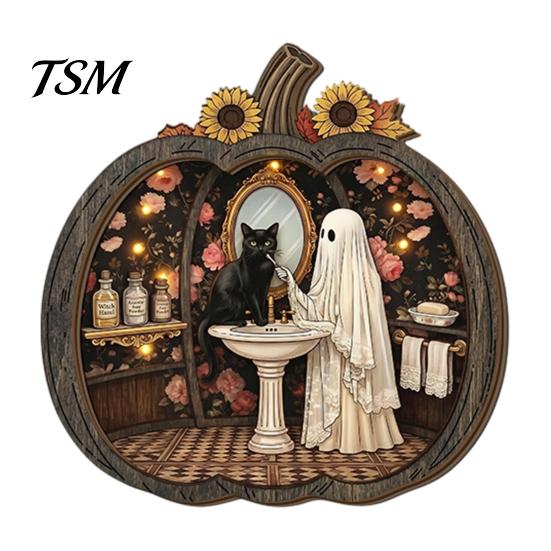 Wooden Desktop Shelf Accessory Halloween Ghost Tabletop Ornament, 2D Flat Cute Reading Bathing Fall Harvest Home Decoration Watering Plaque with Stand