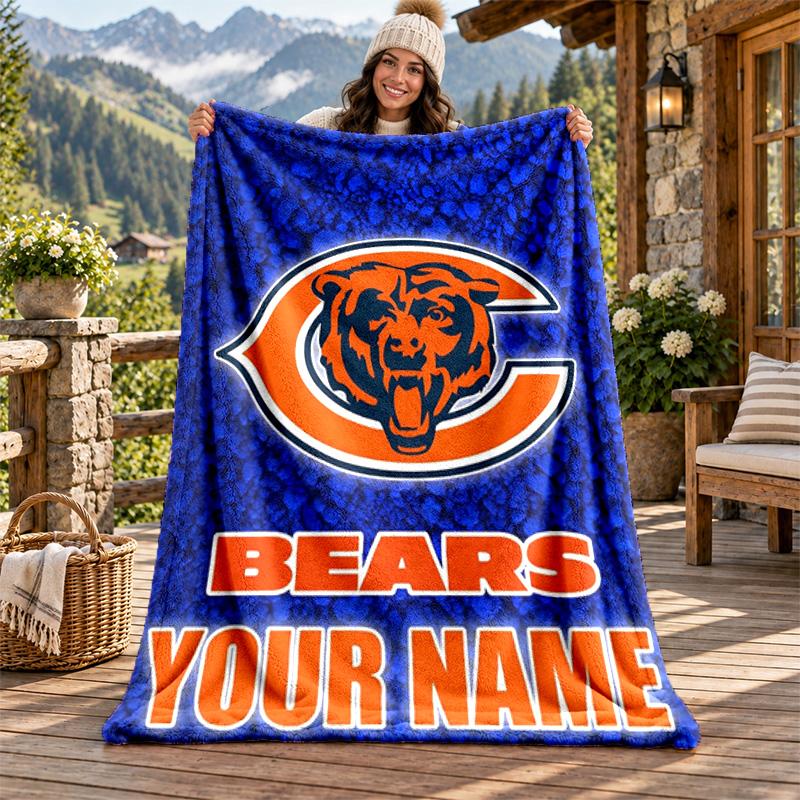 Chicago Bears Custom Name Flannel Blanket Personalized Soft Warm Plush Throw Blanket Customized Gift for Family Friends