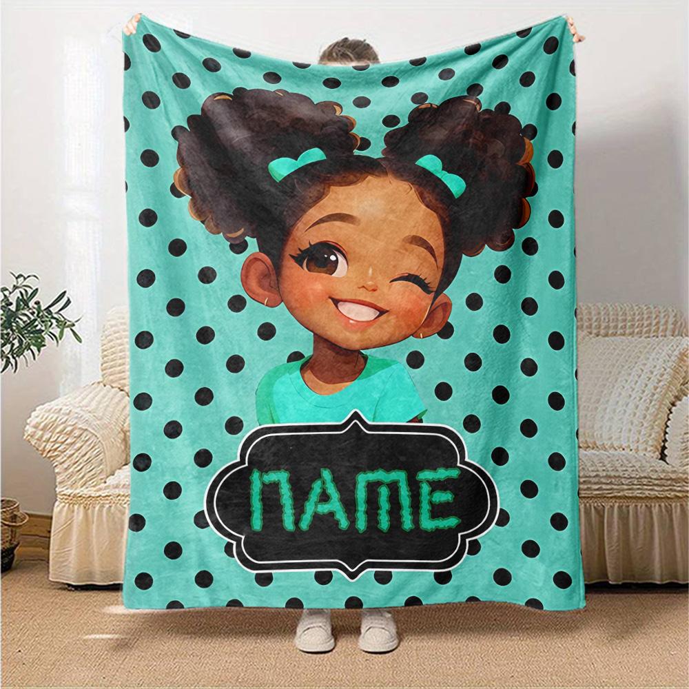 Happy Girl Bow Multi-purpose Customizable Blanket Personalized Text Durable Comfort Versatile for Sofa Couch Office Bed Picnics