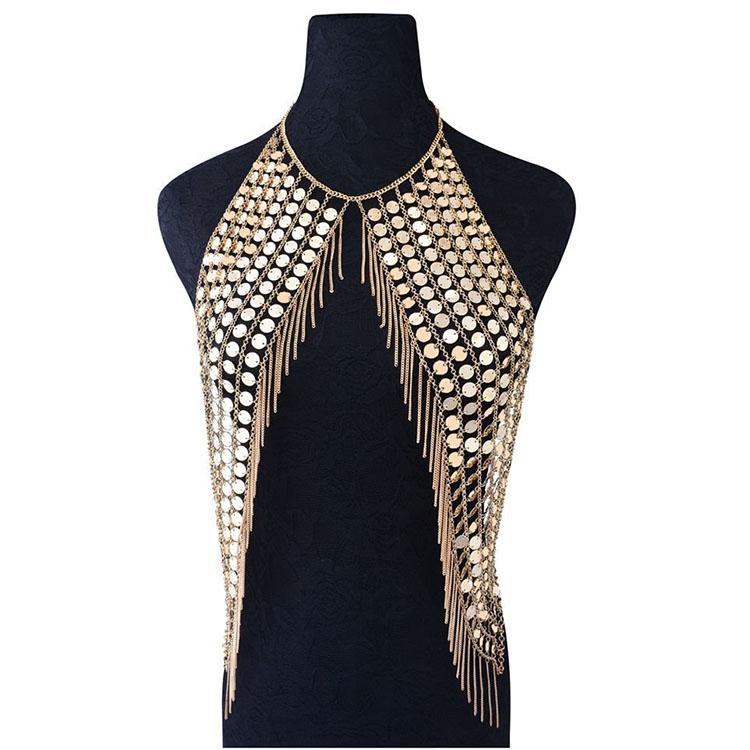 SC Fashion Shiny Gold Sequins Bra Chain Sexy Nightclub Tassel Waist Jewelry Women Hollow Clothing Body Chain