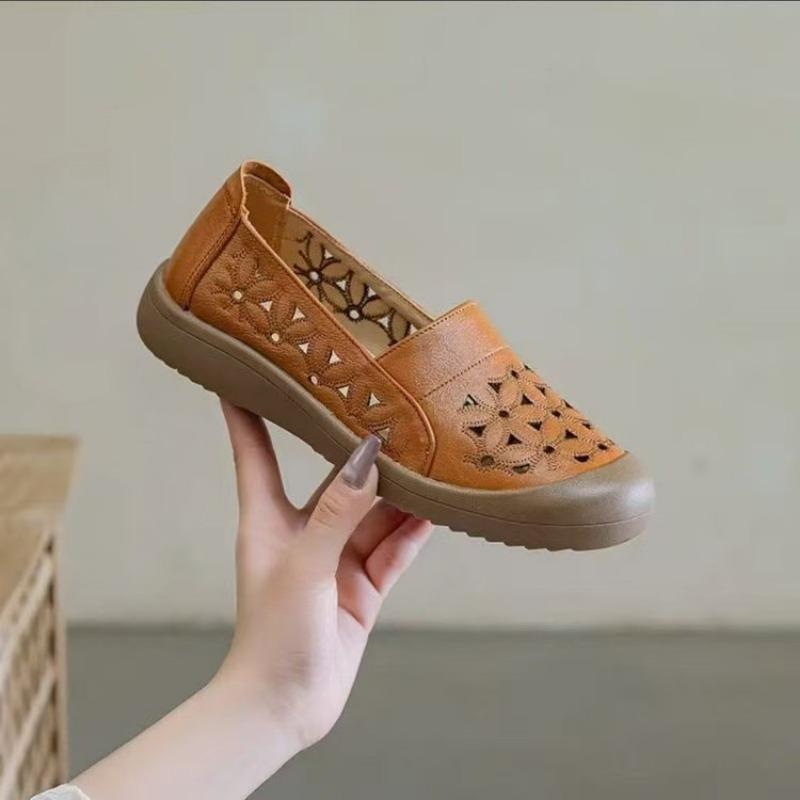 Summer New Hollow Doudou Shoes Soft Leather Soft Sole Casual One-pedal Comfortable Flat Bottom Breathable Comfortable Shoes