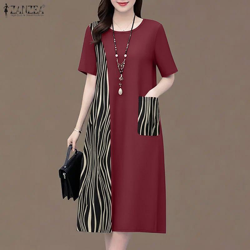 Women Zanzea Casual Neck Round Summer Short Sleeve Print Dress