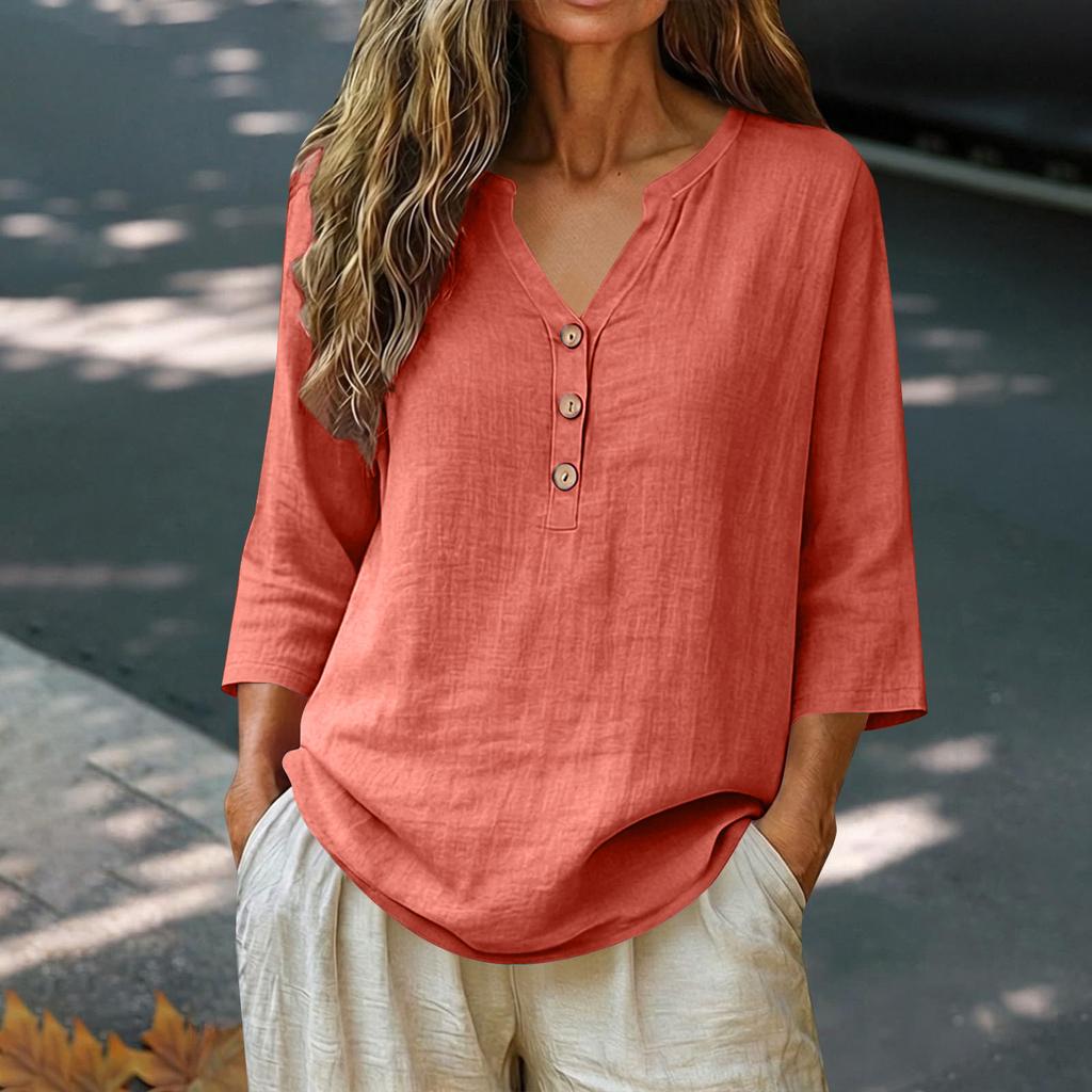 Женская блузка с V-образным вырезом Свободный крой Хлопок Лен Повседневный топ