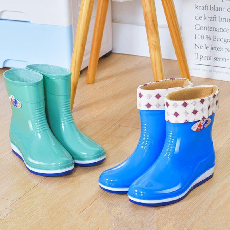 Rain shoes women's anti-skid shoes women's medium tube fleece rain boots short rain shoes kitchen work shoes non-slip shoes rubber shoes women