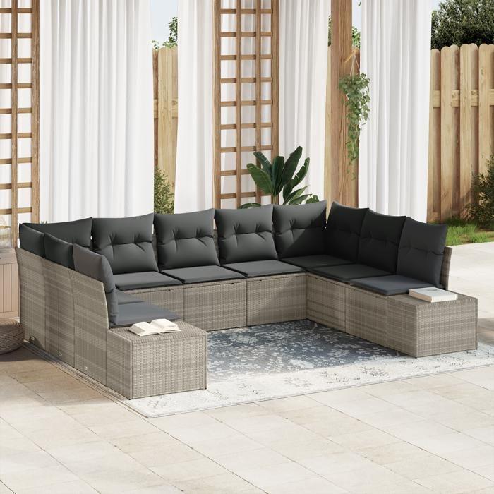 VidaXL Ensemble de Canapé de Jardin de 9 Pièces avec Coussins en Rattan Poly Gris Clair 3355891