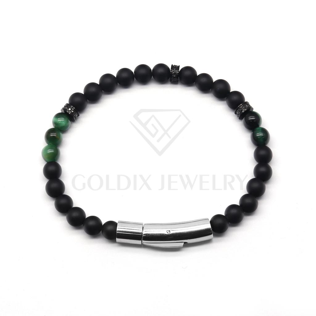 GOLDIX Classic Unisex Natural Gemstone Beaded Bracelet with Moon Shape Real Lava Stone Jade Stainless Steel Jewelry Gift