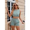 Summer Solid Colour Round Neck Vest Tank Top Drawstring Pocket Shorts Set for Women