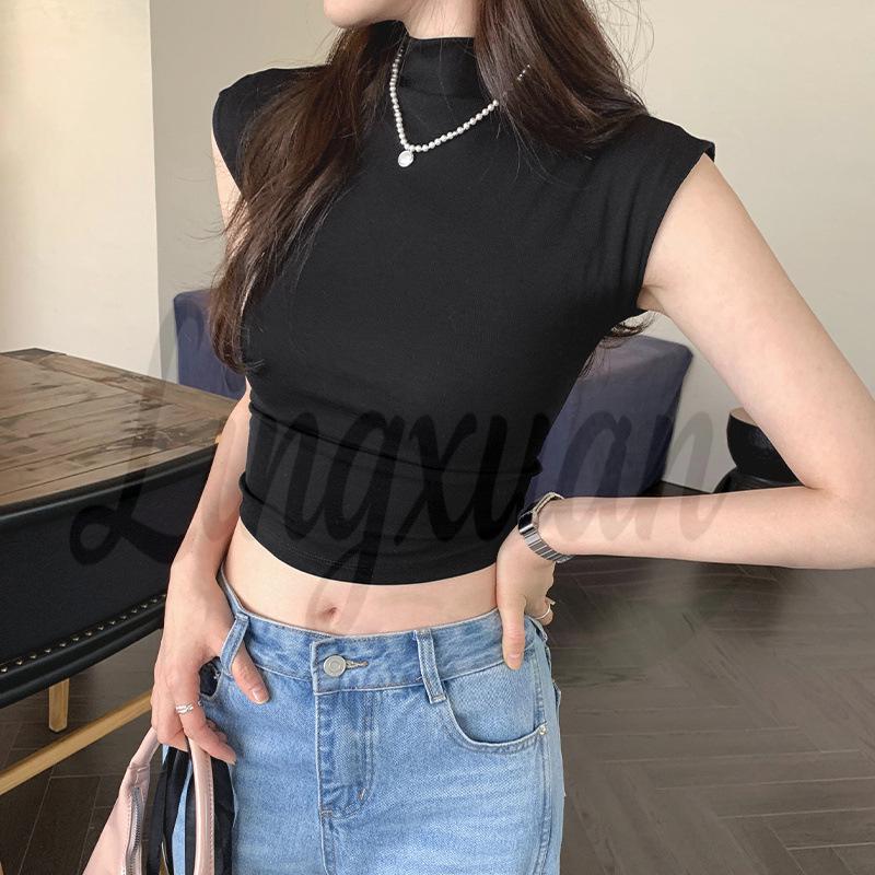 Женская облегающая футболка с открытой спиной: Летний, без рукавов, с полувысоким воротником, стиль 'hot girl'