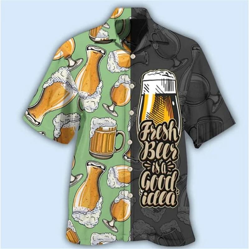 Vintage Hawaiian Shirts For Men 3d Beer Print Oversized Womens Clothes Beach Party Blouse Street New Designs Short Sleeved Shirt