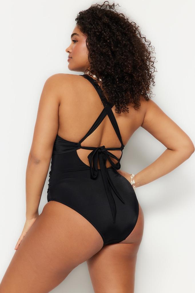 Women's New Season Plus Size Swimsuit Black Mesh Detailed Swimsuit with Lifting Effect