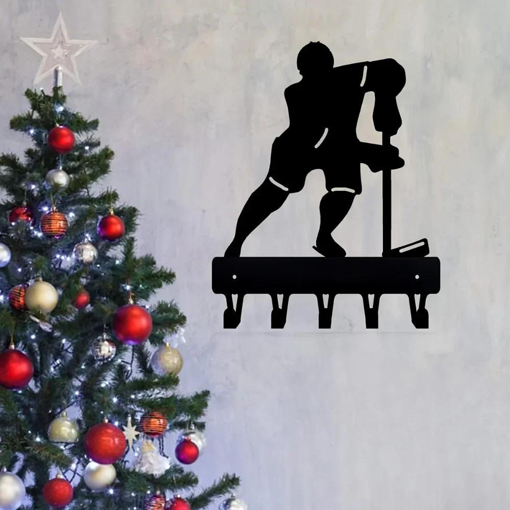 1pc Hockey Defense Sport Key Hooks Holder Wall Mounted Hook Up Wall Art Home Decor Coat Rack Hooks for Sports Enthusiasts