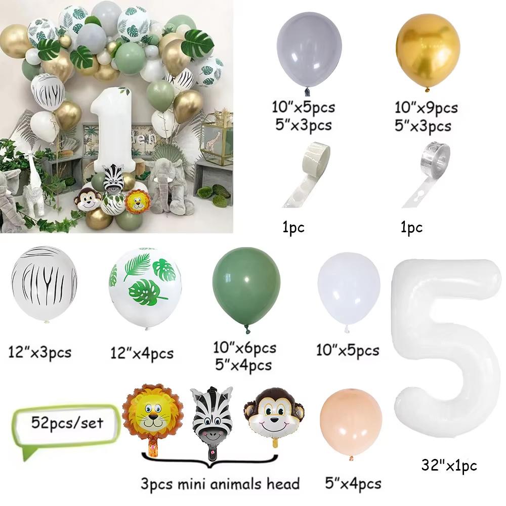 52pcs Jungle Animal Number Balloons Set Retro Avocado Green Metallic Gold Latex Balloon 1 Year Old Birthday Baby Shower Decor