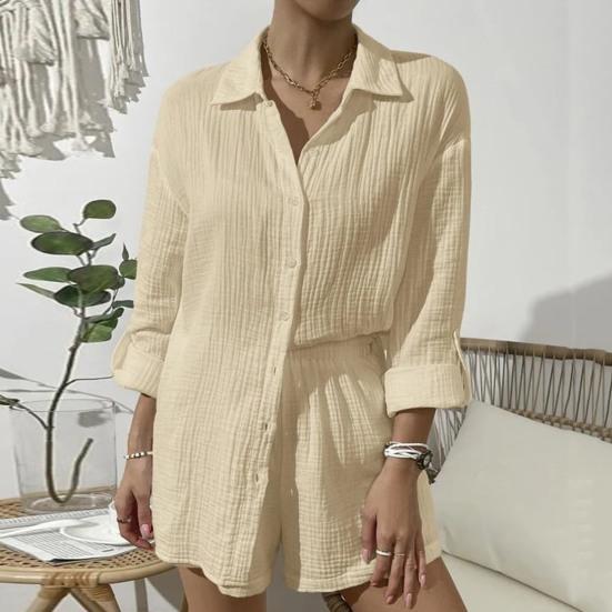 2 шт./компл., женская рубашка, комплект с шортами, однотонная однобортная блузка с длинными рукавами и воротником с лацканами, высокая талия, свободная выше