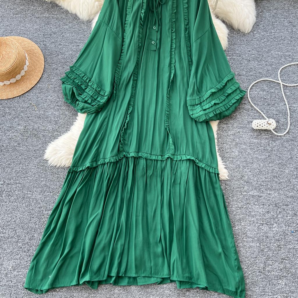 Винтажное однобортное платье с круглым вырезом на шнуровке, модное, с длинными рукавами, элегантное, свободное, с оборками, корейская женская одежда High Street