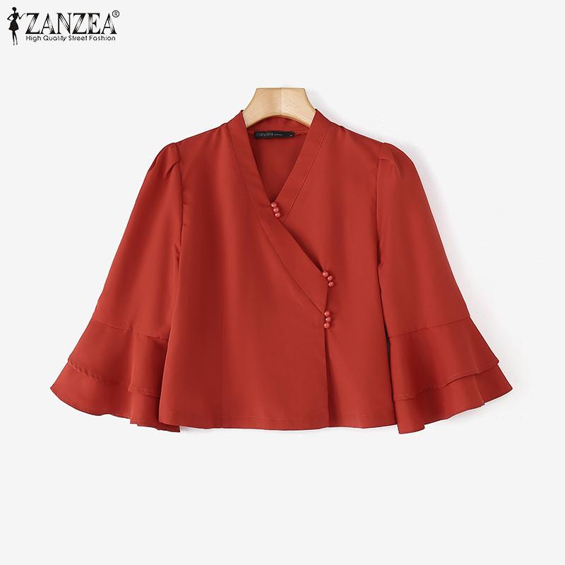 ZANZEA Женская повседневная блузка с V-образным вырезом, расклешенными рукавами 3/4, свободного кроя, однотонная