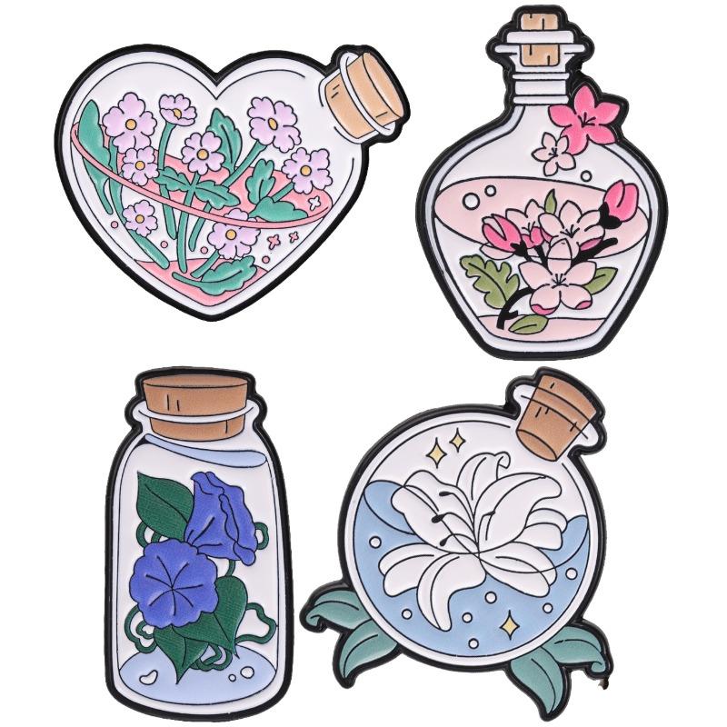 Aesthetic Bottle Flower Badges Wild Daisies Cherry Blossom Enamel Pin Cartoon Morning Glory White Lily Brooch Plant Accessories