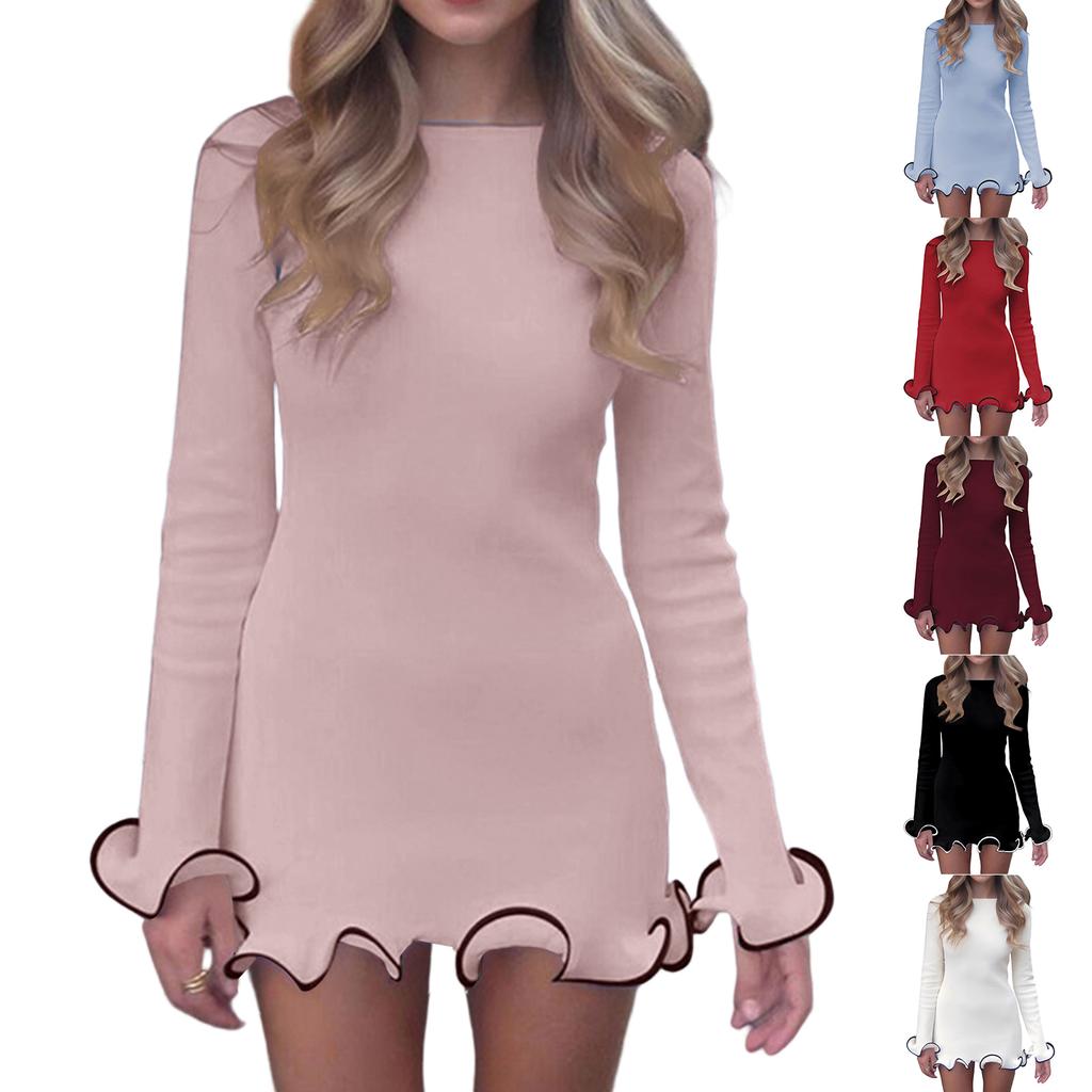Женская однотонная сексуальная облегающая короткая юбка с оборками, вязаное платье с подвернутыми манжетами и длинными рукавами
