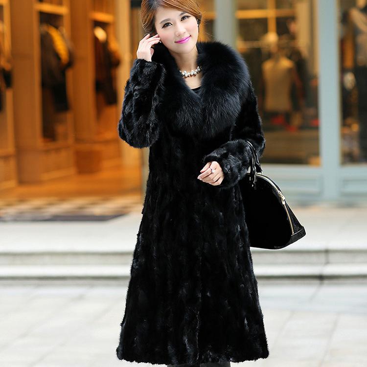 Женская осенне-зимняя шуба из искусственного меха, длинная шуба из искусственного норкового меха, воротник из искусственного лисьего меха, большое женское платье