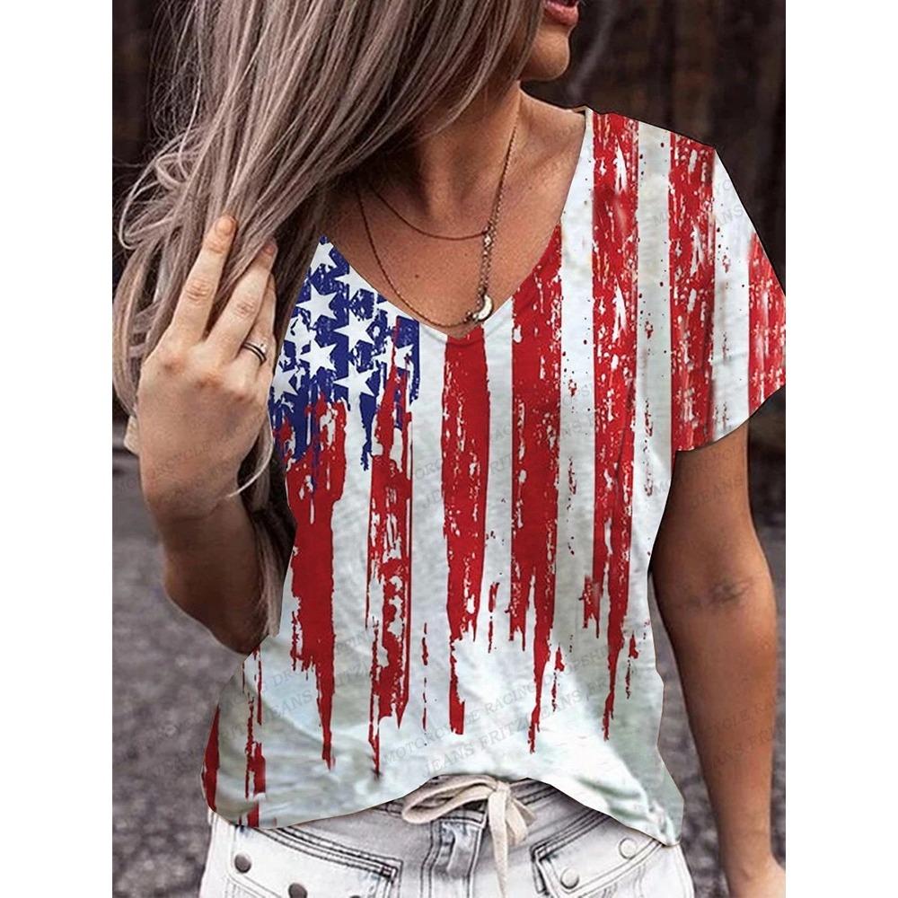 American Flag 3d Print T-shirt Women Fashion V-Neck T-shirts Short Sleeve Tops Tees Loose Casual Tees