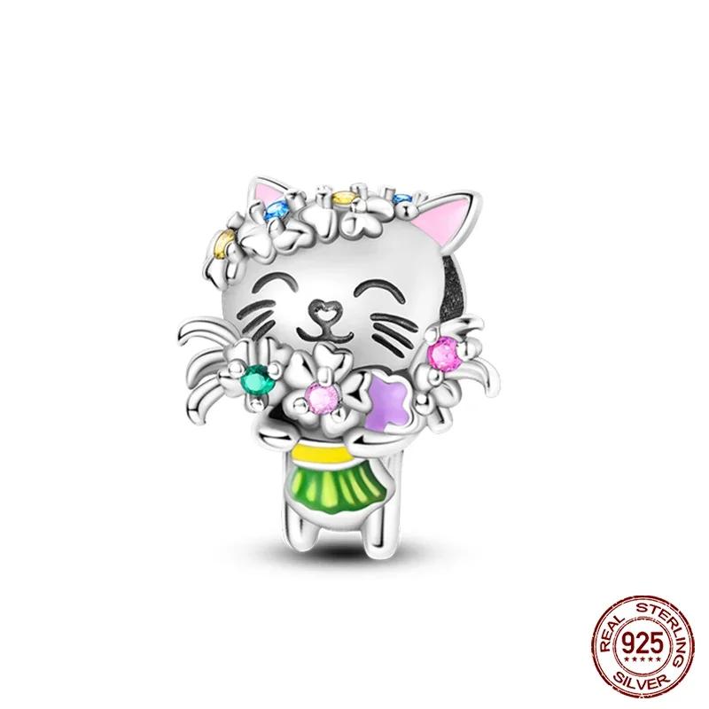 S925 стерлингового серебра милые фиолетовые подвески кошка собака бабочка цветок цепочка безопасности подвески подходят оригинальный браслет своими руками