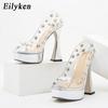 Eilyken Осенние новые модные туфли-лодочки на высоком каблуке с блестящим открытым носком и шипами, женская обувь на высоком каблуке, вечерние женские сандалии без шнуровки на платформе, вечерние туфли