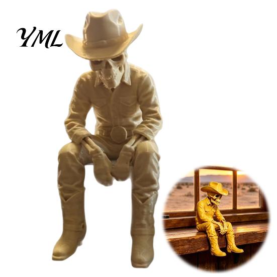 Unique Home Decorative Accents 3D Printed Western Cowboy Skeleton Figurine, Sitting Statue Edge Decor for Sitter, West Style Desktop Shelf Office