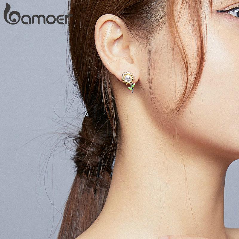 Женские серьги-гвоздики BAMOER из стерлингового серебра 925 пробы с подсолнухом, ювелирные изделия