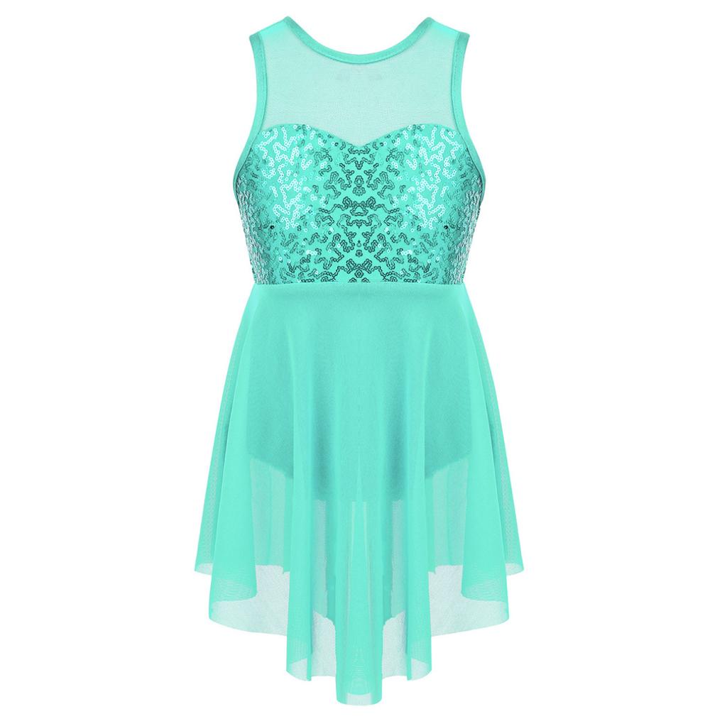 Kids Girls Lyrical Modern Contemporary Dance Costume Sequins Leotard Dance Dress