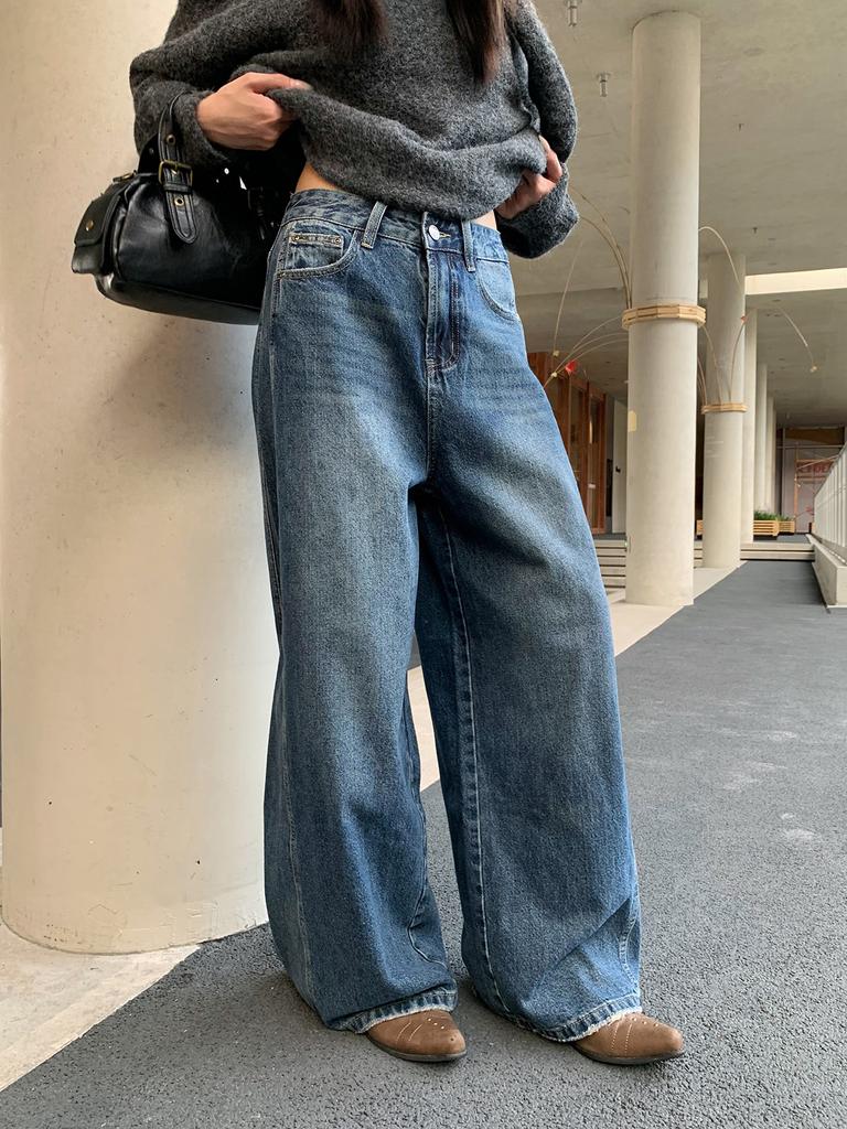 Autumn and winter American lazy loose jeans women's wide-leg retro drape straight trousers women