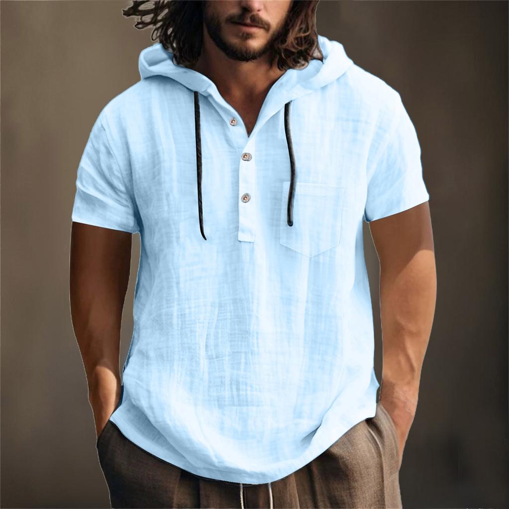 Мужская летняя хлопковая конопляная хлопковая тонкая повседневная однотонная свободная куртка с капюшоном и коротким рукавом