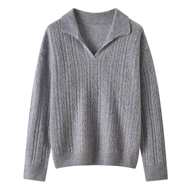 2026 Fall/Winter Women's Fashionable Pure Cashmere Knitwear: Warm, Versatile, Hollow-Out Lapel Top