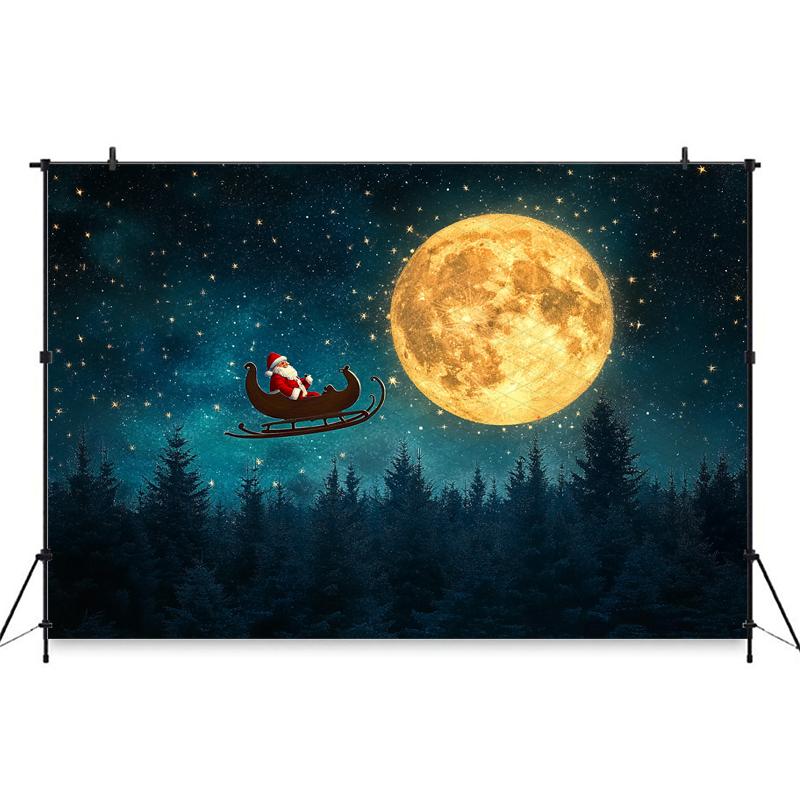 Mocsicka Christmas Photography Background Night Starry Sky Moon Forest Tree Decoration Santa Claus Children Party Photo Backdrop