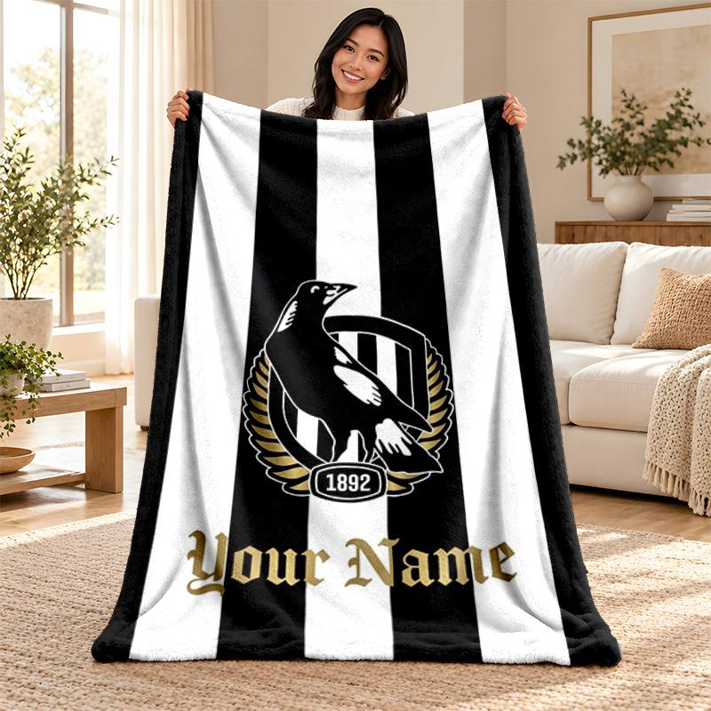 Collingwood Football Club Custom Name Fleece Blanket Personalized Soft Cozy Throw Blanket Customized Gift for Birthday Christmas