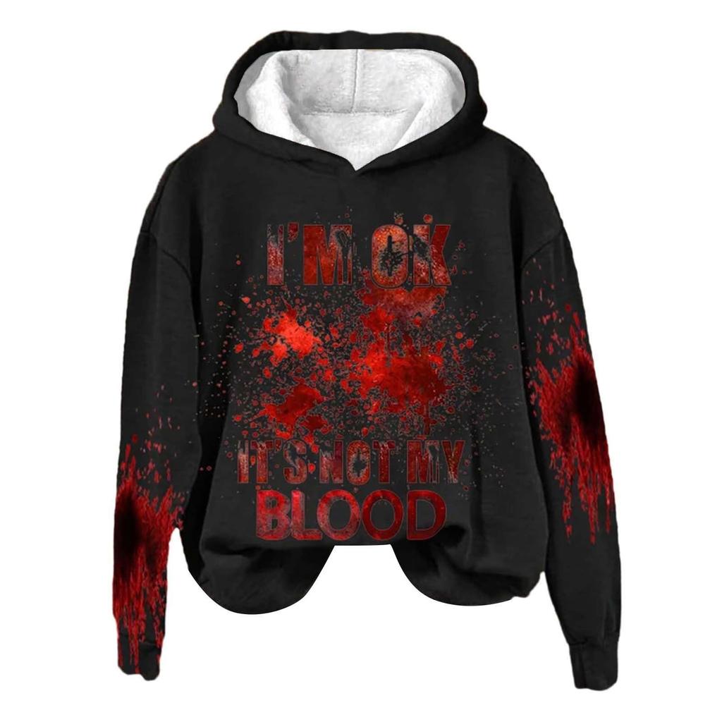 Women's 3D Bloody Letters Printed Long Sleeved Loose Hooded Sweatshirt New Halloween Ladies Casual Long Sleeved Pullover